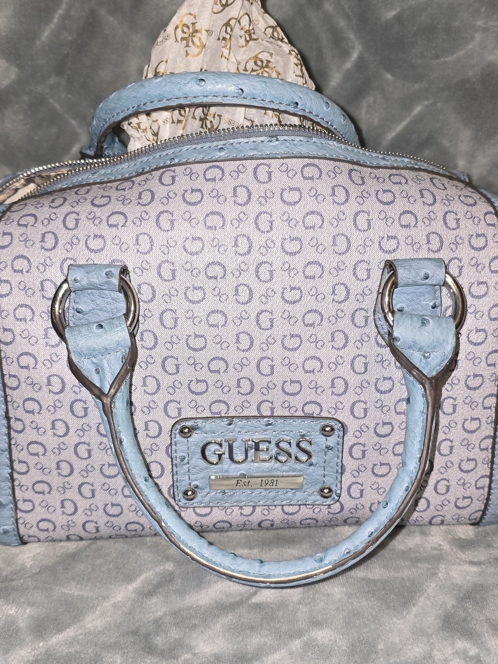 GUESS Light Blue Monogram Dome Satchel